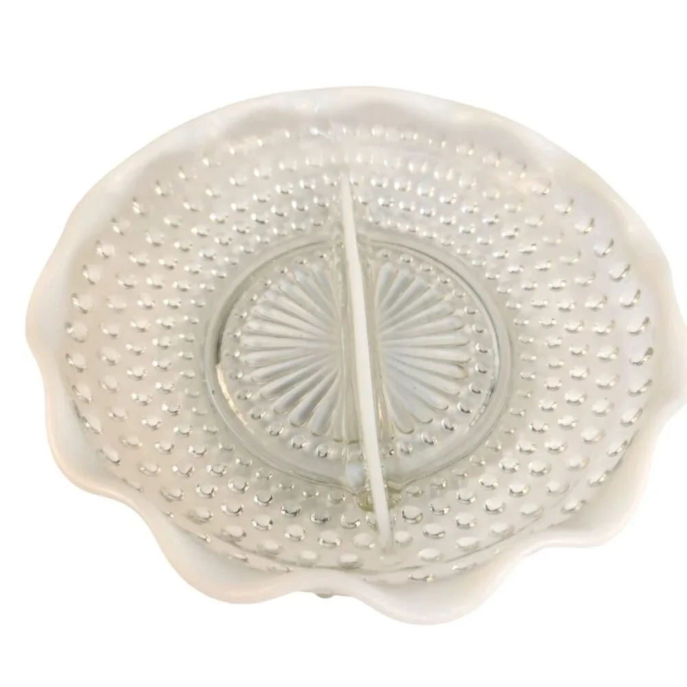 Vintage Hobnail Opalescent Relish Dish Divided Glass Scalloped Serving Bowl